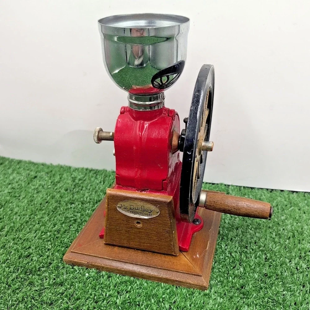 Vintage Mr. Dudley International Red Cast Iron Coffee Manual Wheel‎ Grinder Wood